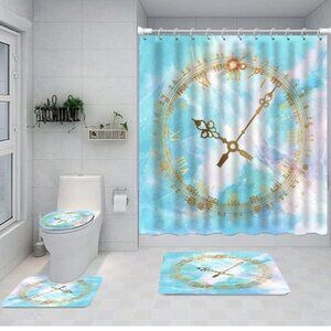NWT Round Quartz Wall Clock 4PC Shower Curtain Set Light Luxury Gold Marble